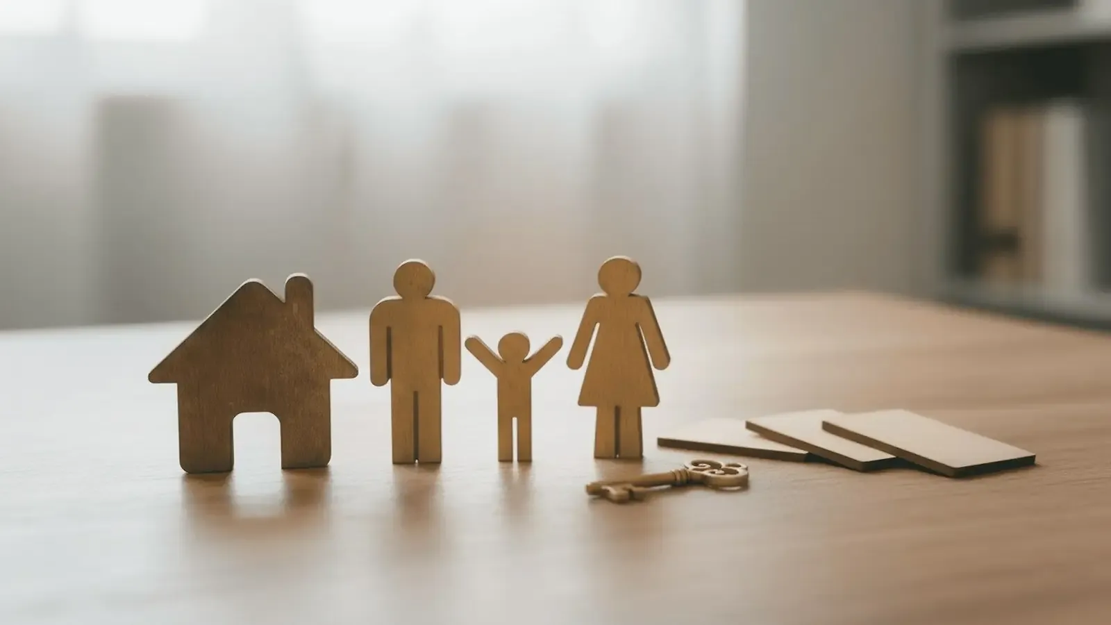 Wooden figures of a family next to a little house and a key